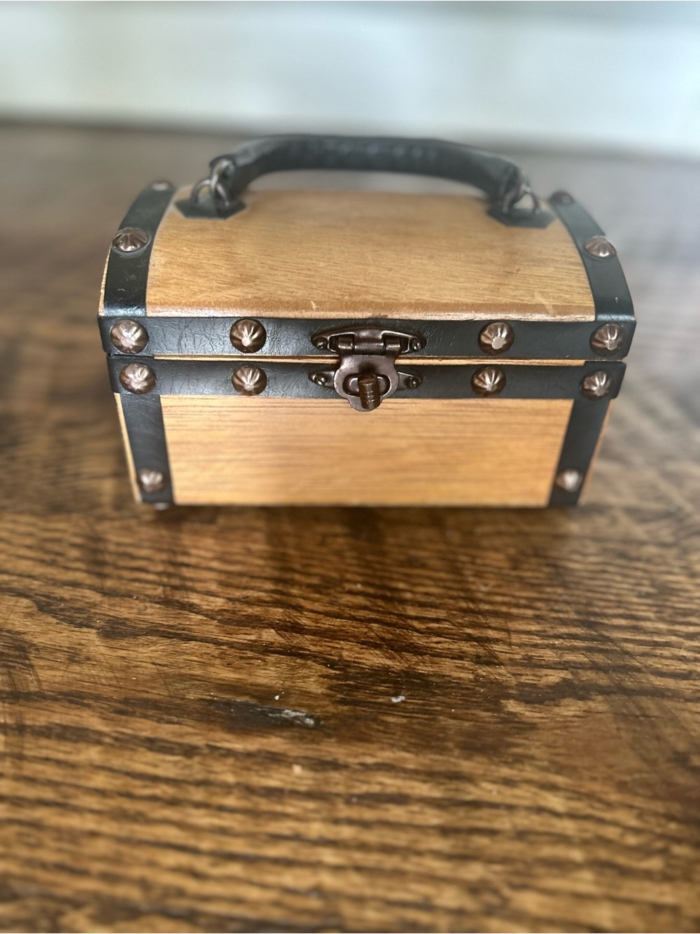 Vintage Wooden Treasure Chest Box Purse With Faux Leather Trim / Metal Studs